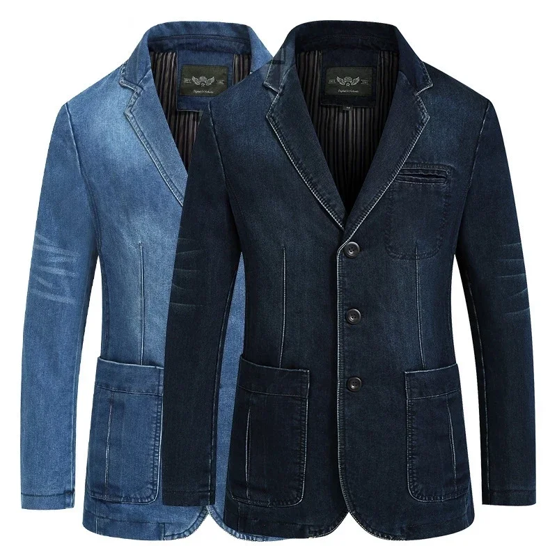 

Джинсовый пиджак для мужчин, Модный хлопковый винтажный костюм, синяя Повседневная джинсовая куртка, осенняя одежда
