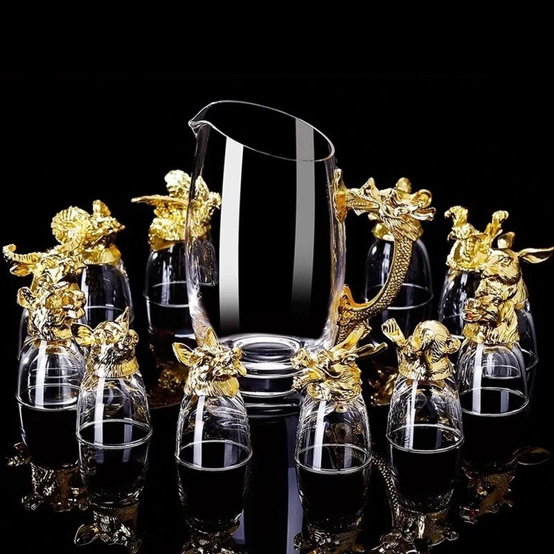 Gold Plated Animal Head Glass Wine Glass Craft Gift Wine Dispenser Vodka Zodiac Set Home Decoration