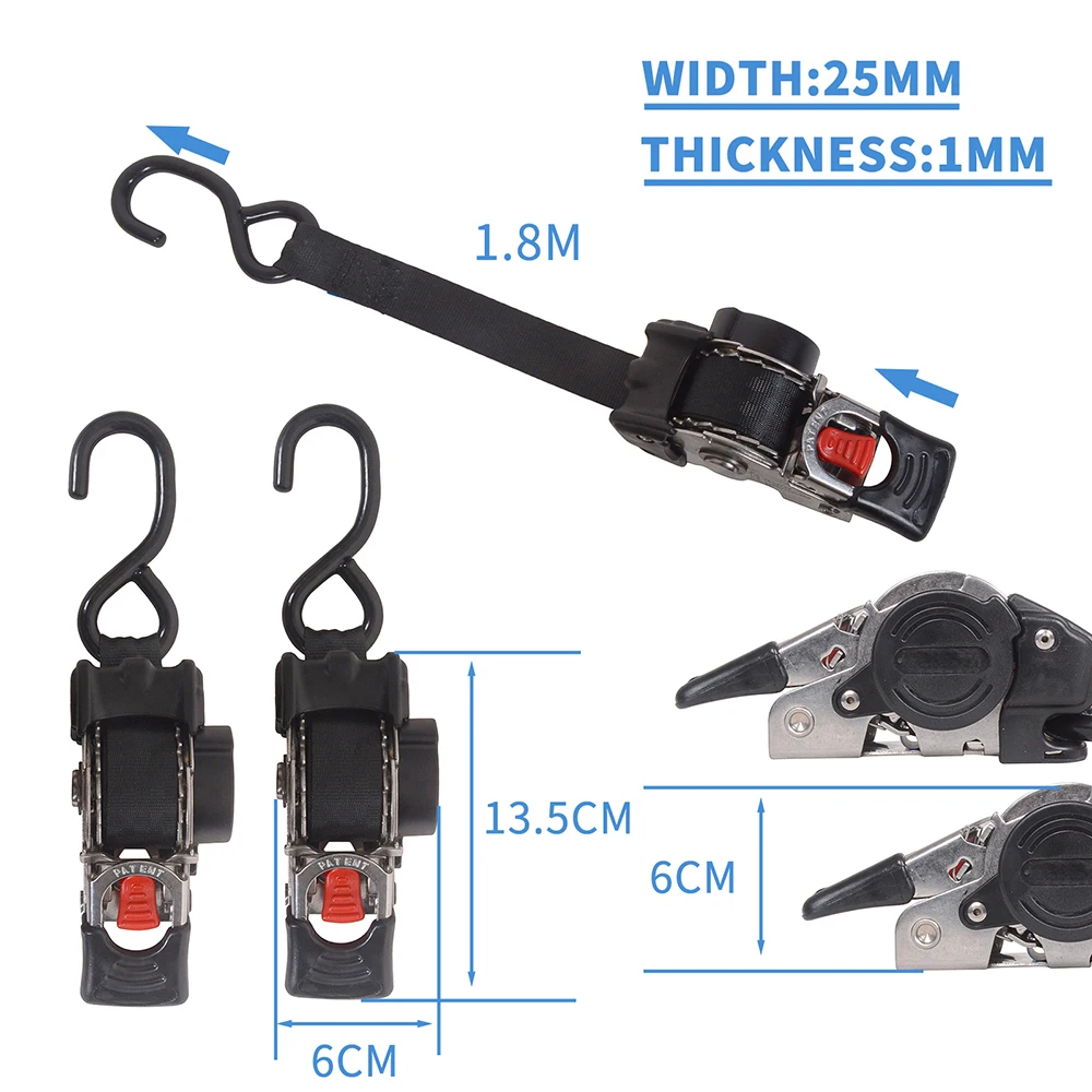 Single Hook / Double Hook Stainless Steel Auto Retractable Universal Easy To Carry Ratchet Tie Down Starp S-Hooks Trailer Towing
