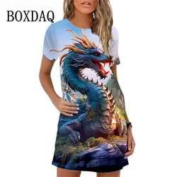 Summer Cute Cartoon Print Dress Oversize Short Sleeve O-Neck Loose Mini Dress High Street Casual 3D Dragon Pattern Women Dresses