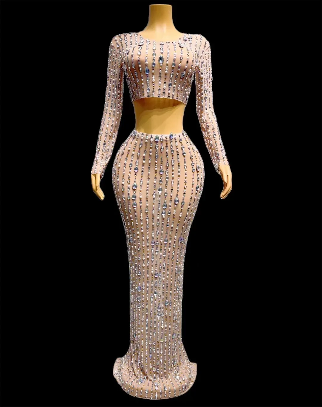 

Shining Rhinestones Pearl Transparent Top SkirtBirthday Celebrate Dress Prom Party SingleShoulder Costume xianglian C135