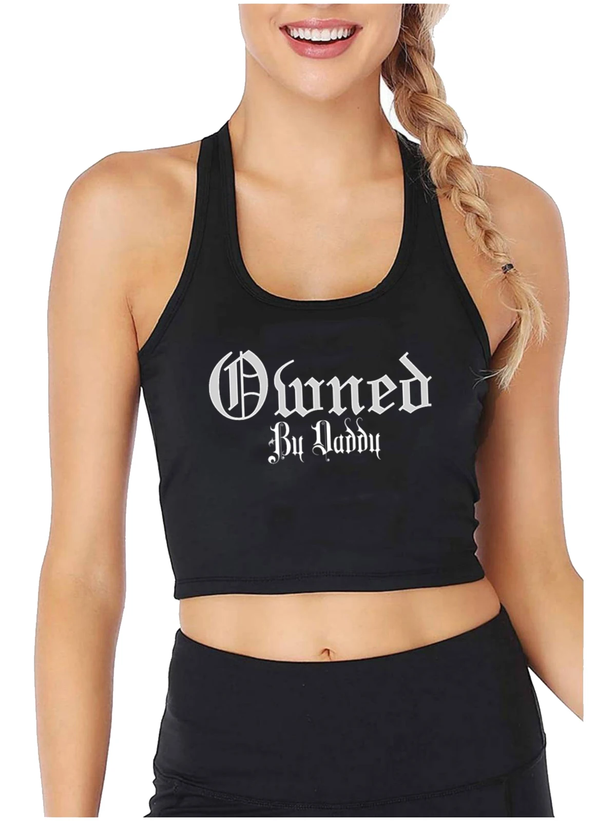 

Owned By Daddy Design Sexy Slim Fit Crop Top Sugar Baby Humor Flirty Submissive Print Tank Tops Hotwife Funny Naughty Camisole
