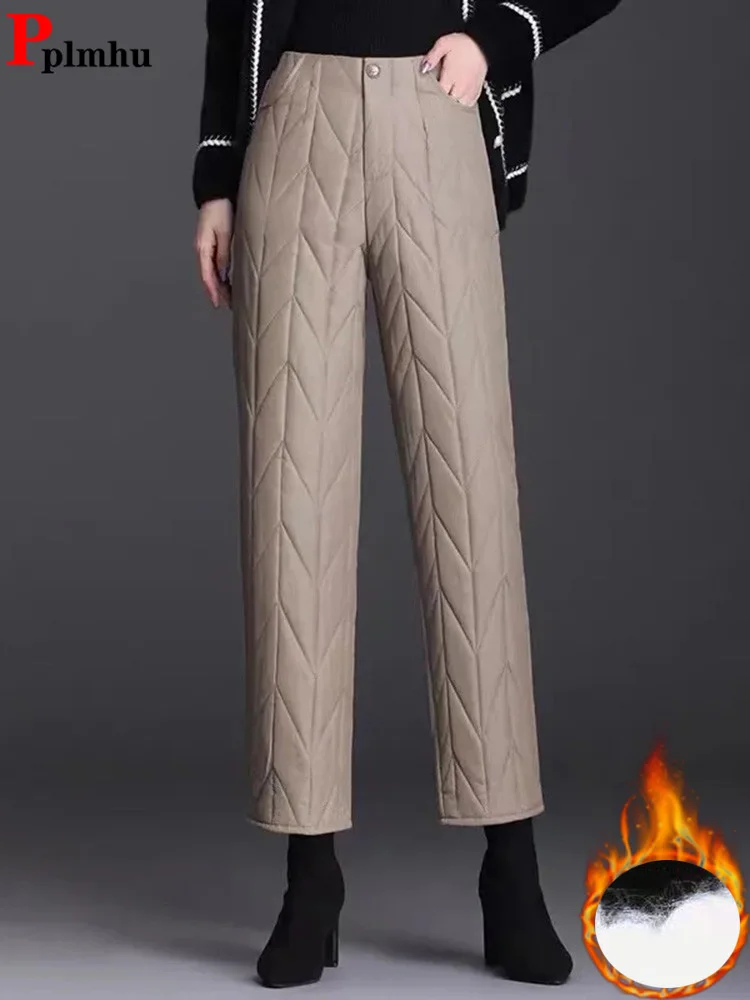 

Warm High Waist Down Cotton Straight Pants Women New Baggy Fluffy Thick Pantalones Winter Snow Wear Ankle-length Casual Trousers