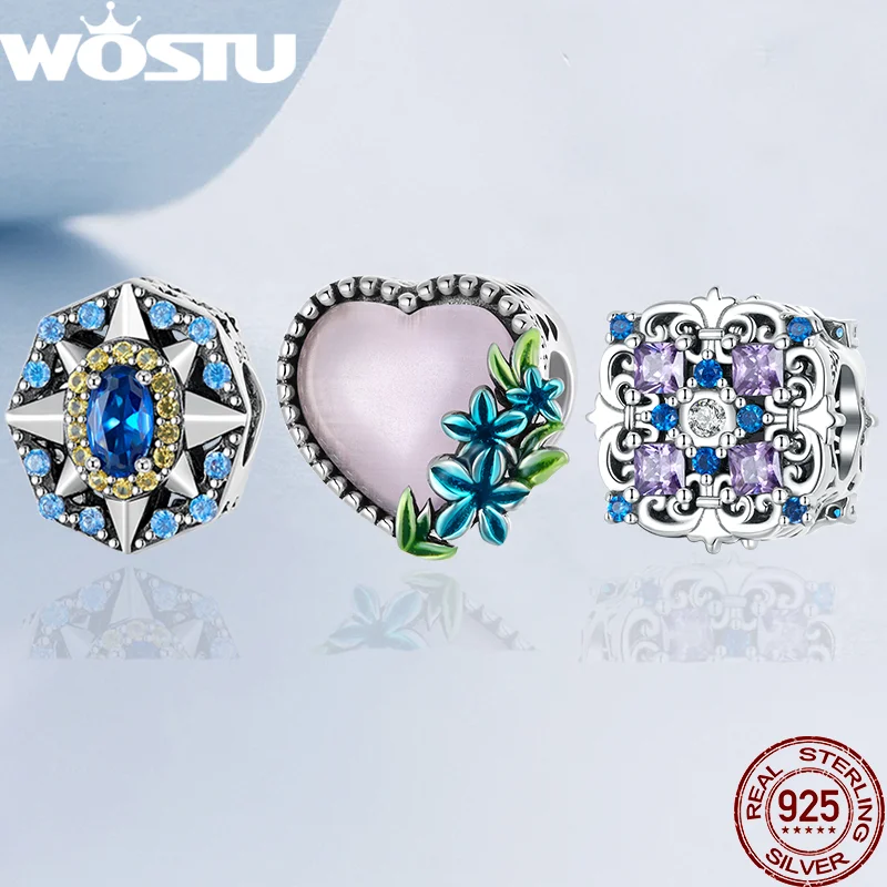 

WOSTU 925 Sterling Silver Full of Zircon Blue Star Charms Pink Heart Beads Fit Original Bracelet Bangle DIY Luxury Jewelry Gift