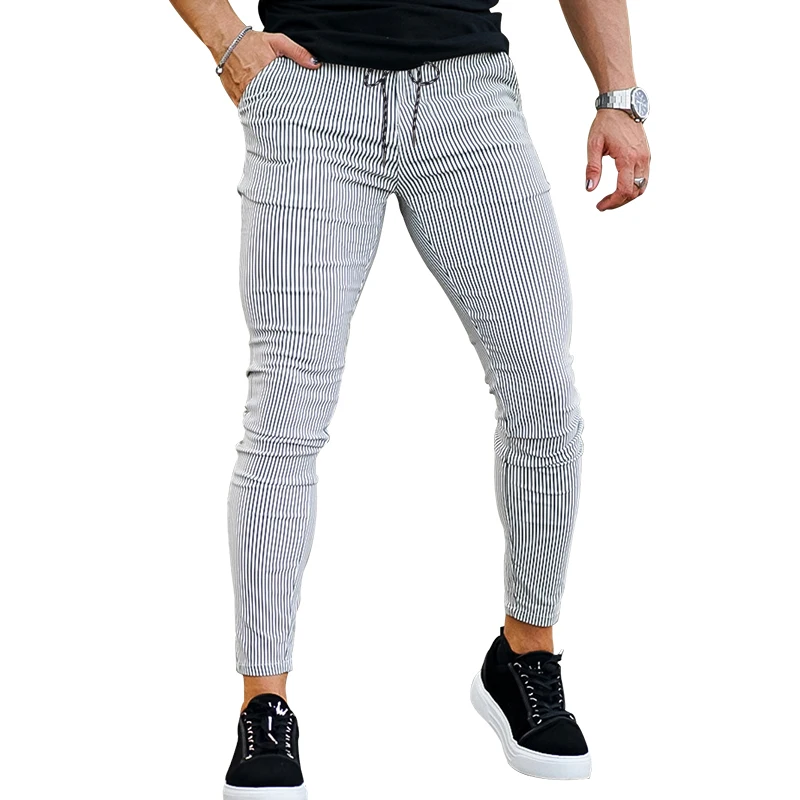 

2023 Cross border European and American Foreign Trade Summer Feet Men's Fashion Casual Pants Lace up Slim Fit Striped Pants