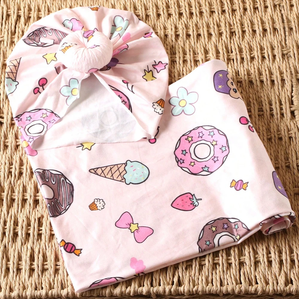 Ylsteed Rose Flower Print Newborn Photography Wrap with Turban Hat Infant Photo Shooting Outfits  Baby Receiving Swaddle Blanket 4