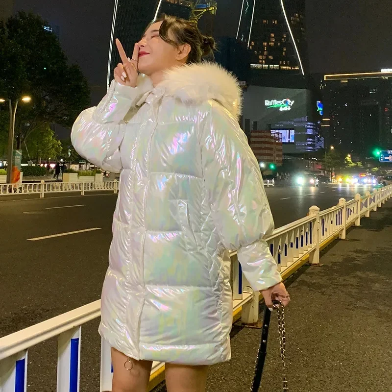 2025 New Winter Parkas Thicken Women's Jacket Puffer Coat Glossy Warm Fur Collar Hooded Long Female Down Cotton Parka Outwear