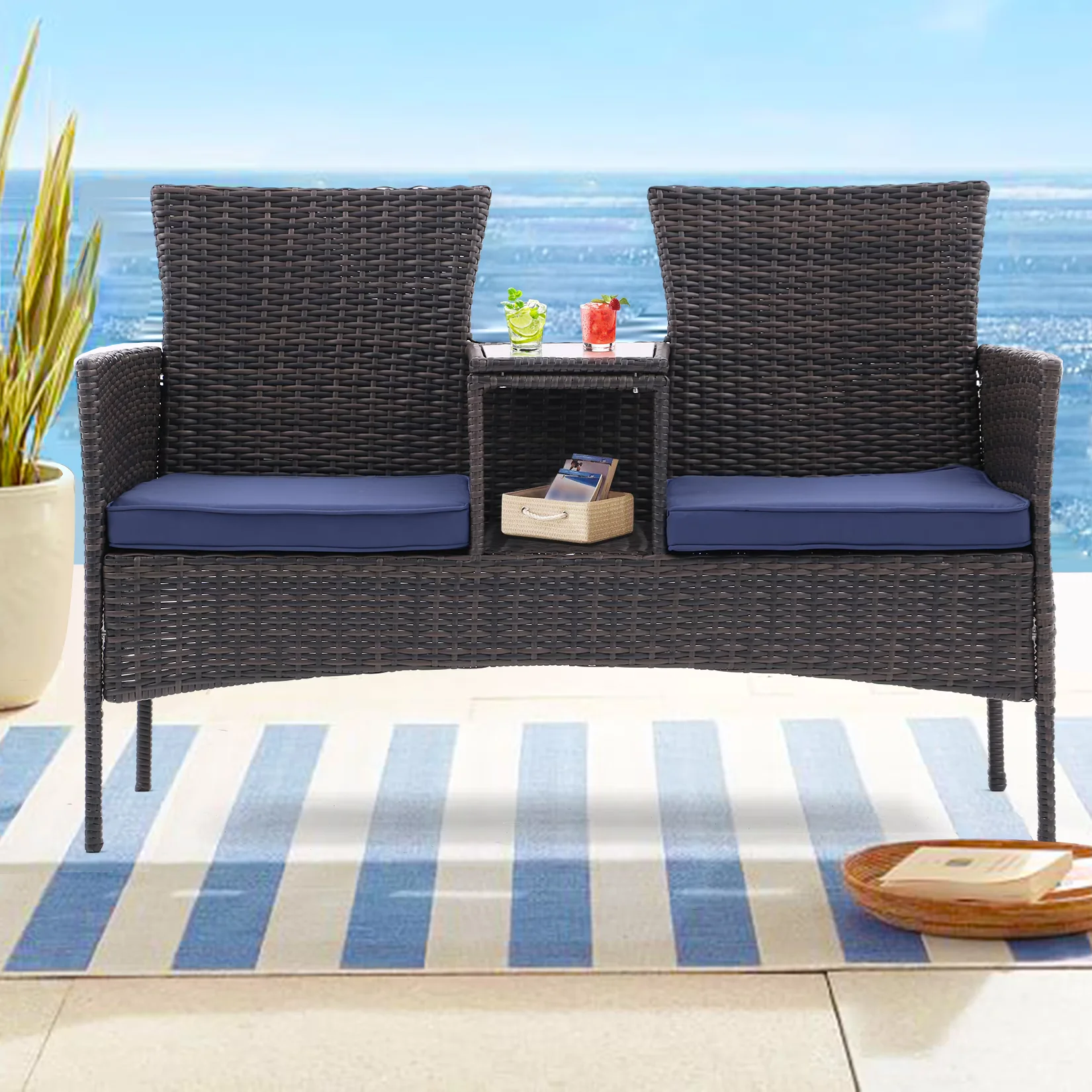 Outdoor Patio Loveseat Set,All Weather PE Rattan and Steel Frame Conversation Furniture with Built-in Coffee Table,Tempered Glas