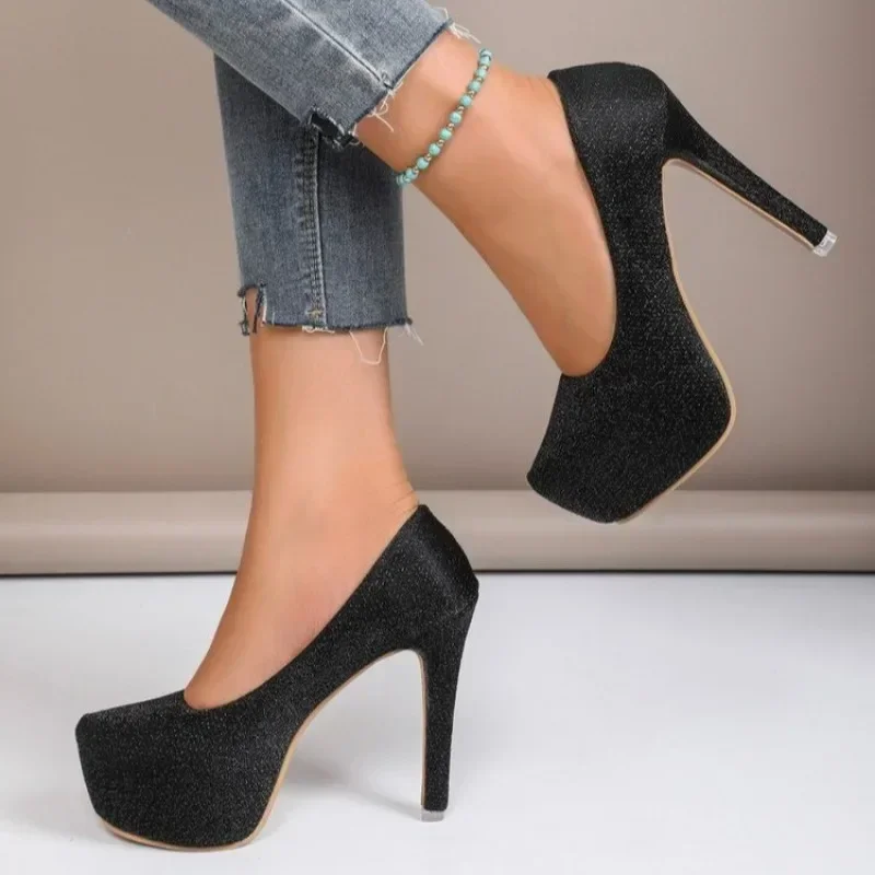 2024 Women's Shoes Fashion Platform High Heels Women's Wedding Shoes Solid Sequin Round Toe Elegant Women's High Heels Zapatos 5