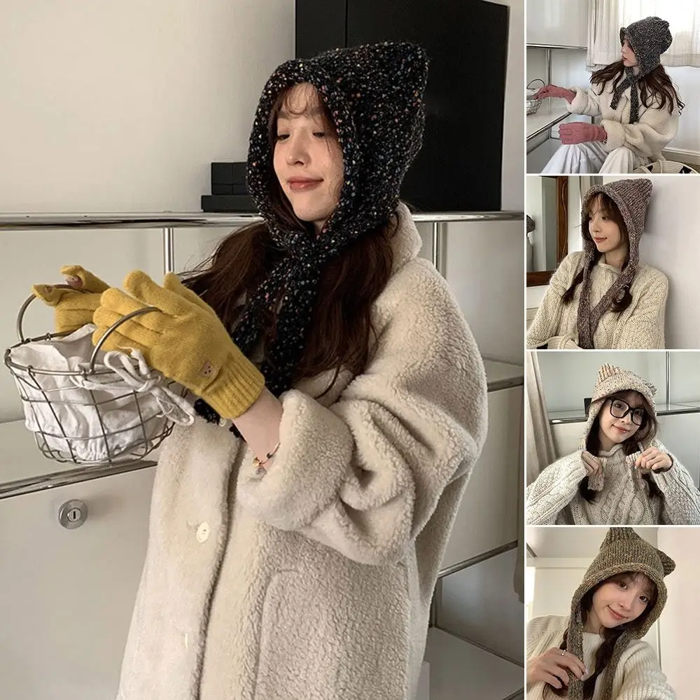 

Вязаная шапка-бомбер Bear Ear, повседневные утепленные шапочки со шнуровкой, шапка, ветрозащитная сохраняющая тепло шапка с защитой ушей для женщин и девочек