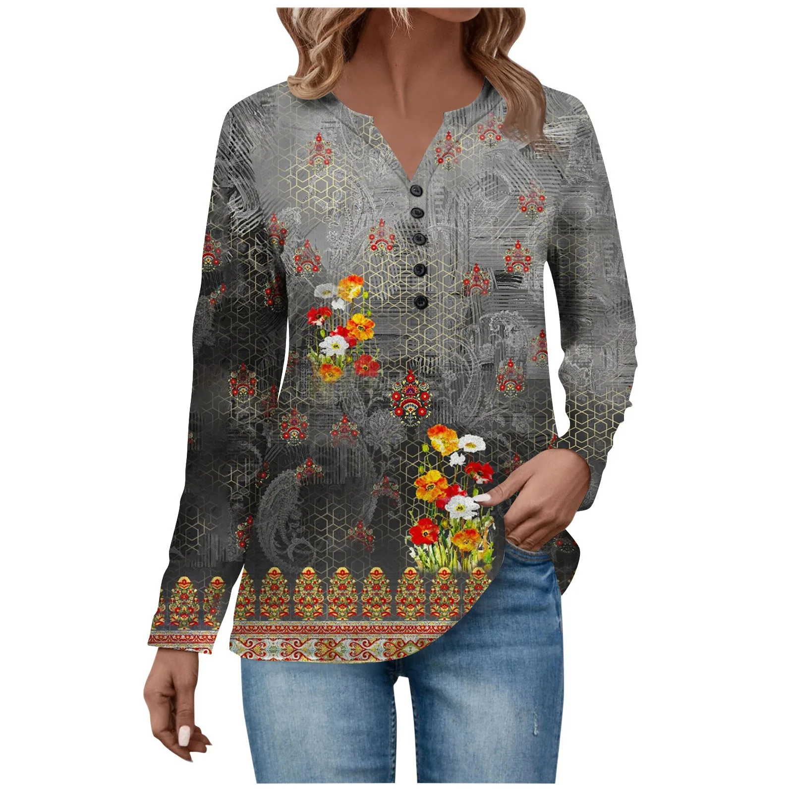 

Women T Shirt Vintage Floral Print Ethnic Style Tops Casual V Neck Button Long Sleeve Fashion Street T-shirt Female Clothing