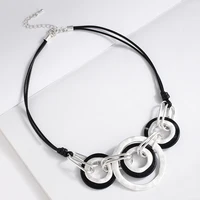 Amorcome Trend Silver Color Circle Suspension Statement Necklace Leather Chain On the Neck Collares for Women Decorative Jewelry