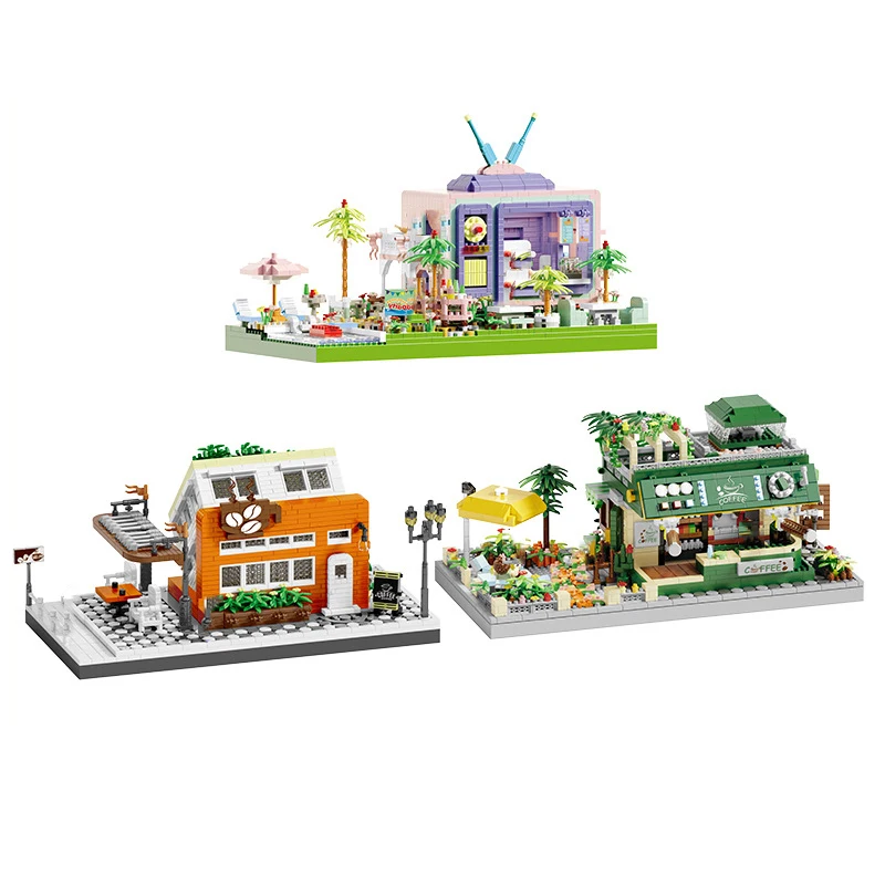 Creative City Streetscape Build Brick Street View Tv Party Stage Coffee Courtyard Shop Figure Micro Diamond Block Toy Nanobrick
