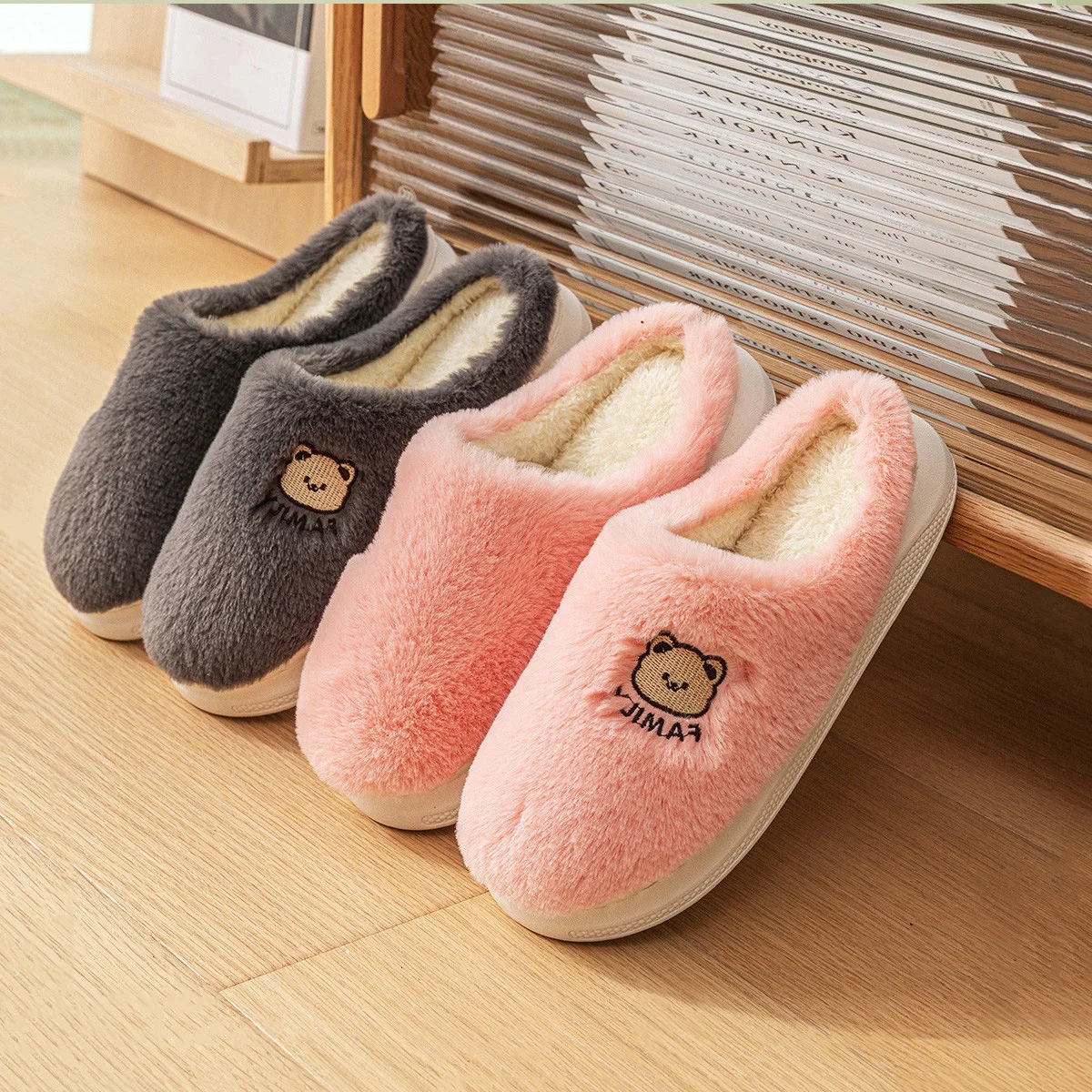 New Women Men Autumn Winter Warm Slippers Cute Cotton Shoes Home Bedroom Casual Non Slip Flats Couples Indoor Soft Plush Slides 6