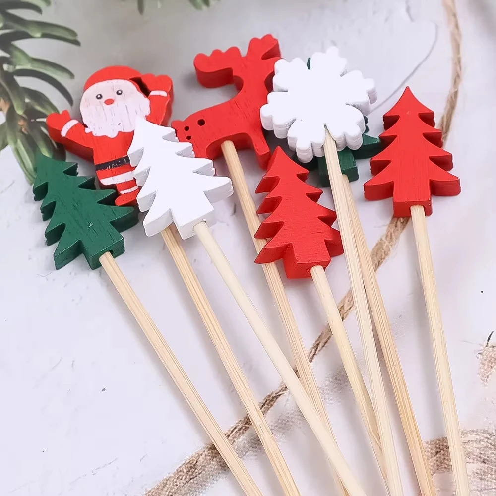 50Pcs Christmas Bamboo Skewer Cocktail Picks Cupcake Topper Disposable Food Dessert Toothpicks Fruit Sticks Party Supplies