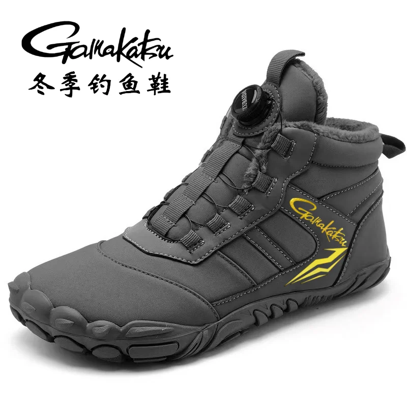 New Gamakatsu Winter Men's Fishing Shoes Waterproof Non-slip Warm Fleece Snow Shoes Rubber Spiral Buckle