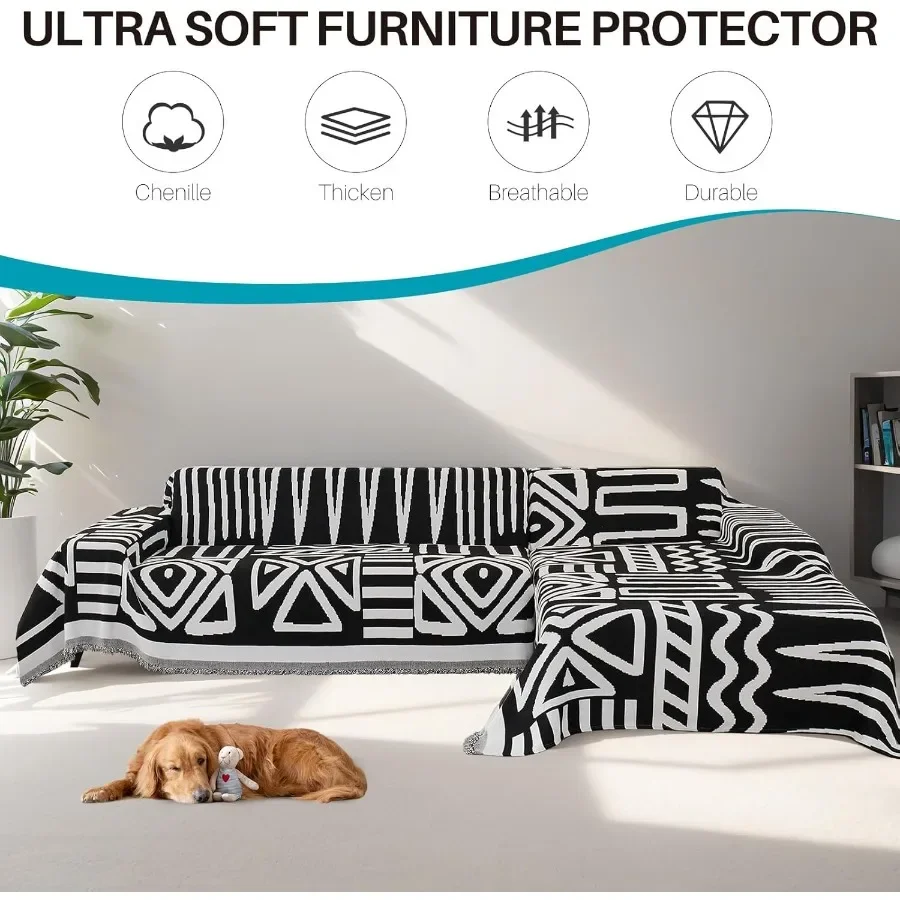 Boho Chenille Couch Cover Blanket for L Shape Sectional Sofa 2 Pcs Slipcover 1Triangle Plaid Sofa Chic Geometric Furniture P