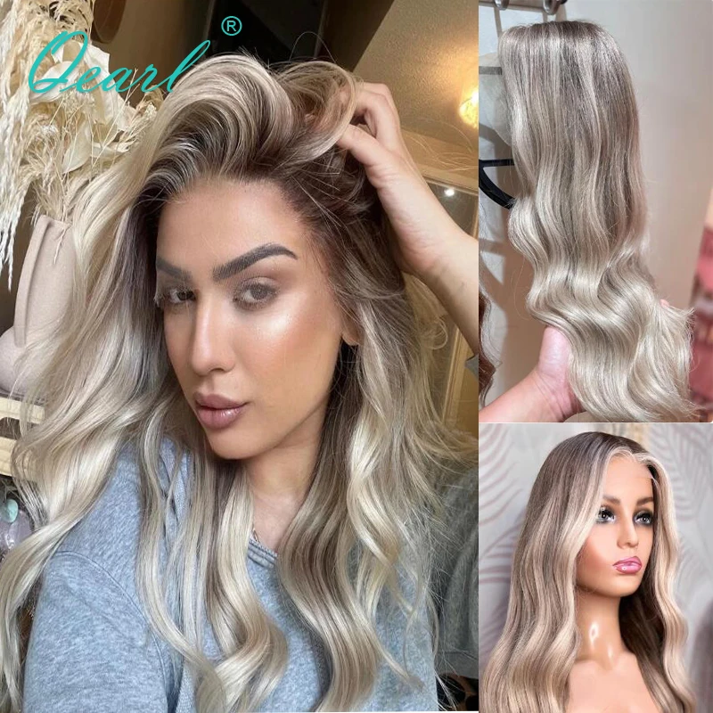 New Ash Blonde Highlight Balayage Blend 100% human hair Full Lace Wigs Glueless PrePlucked Hairline 13x6 Lace Frontal Wig Qearl