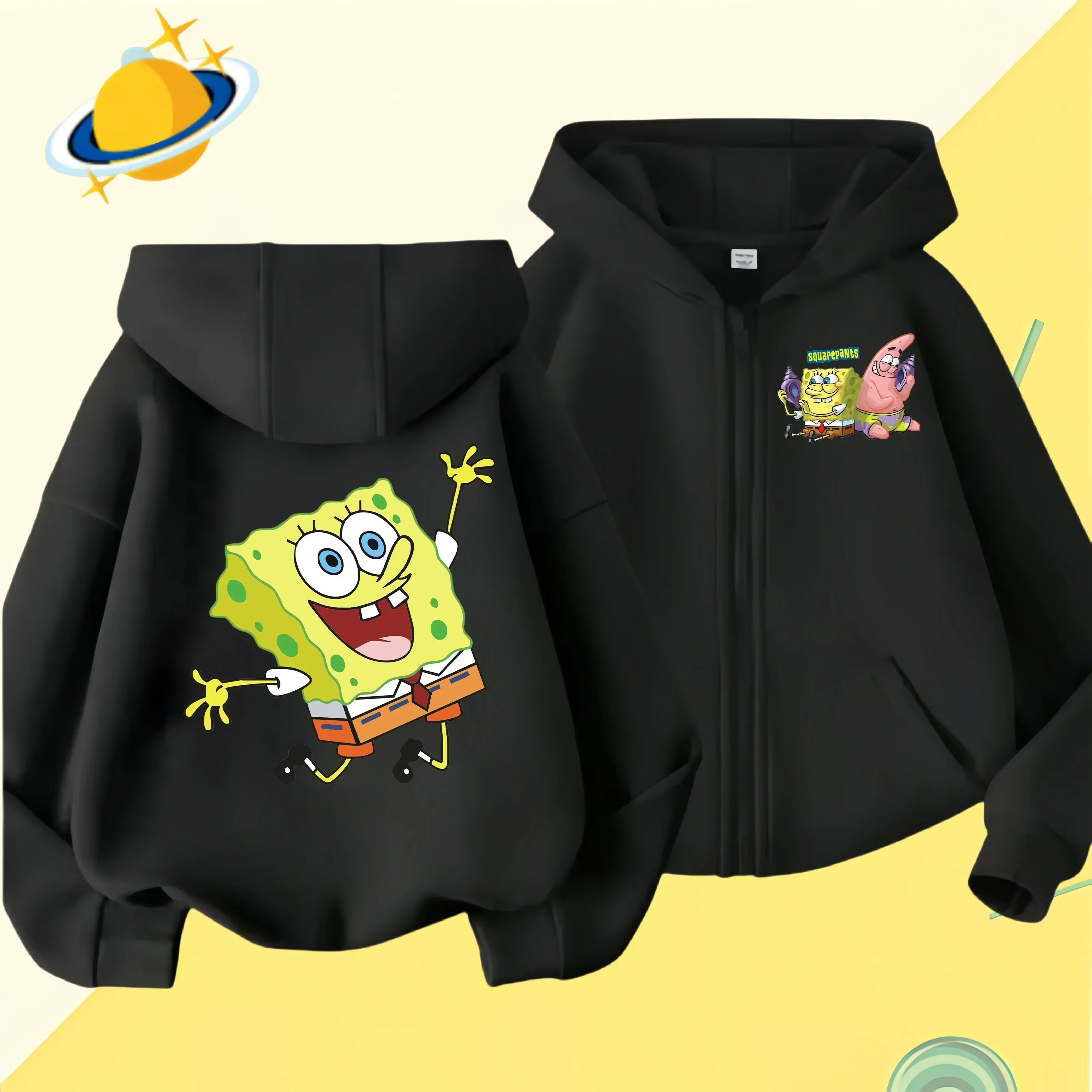 Spongebob Squarepants Zipper hoodie Cartoon Family Sweater for Autumn and Winter Thin or Fleeced Long-Sleeved Hooded Sweatshirt 2