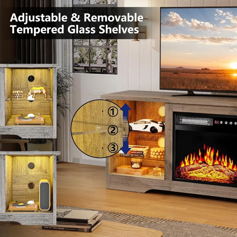 Fireplace TV Stand with 18''Fireplace, Modern Entertainment Center for TVs up to 68 inch, Media TV Console with Adjustable Glass 2