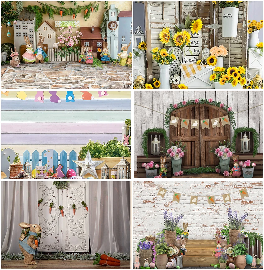 

Spring Garden Bunny Baby Portrait Birthday Happy Easter Backdrop Photography Sunflowers Brick Wall Decor Background Studio Photo