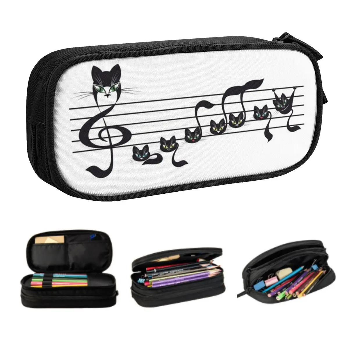 

Индивидуальный Черный карандаш с изображением кошки и музыкальных заметок, Большой Вместительный пенал для мальчиков и девочек с изображением животных, мультяшных котят, школьные принадлежности