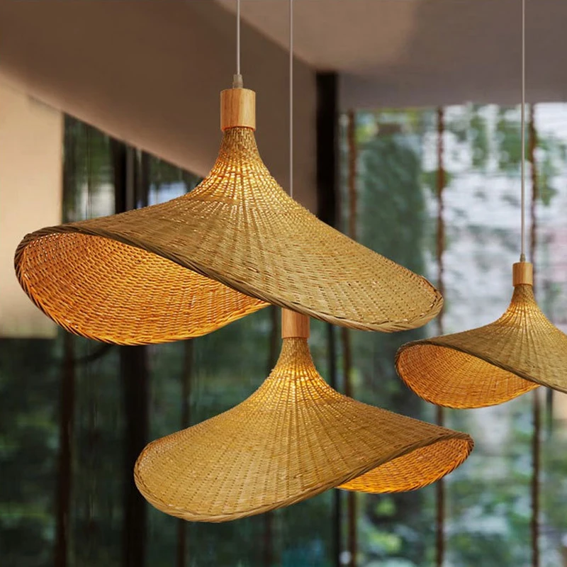 

ZK50 Creative Bamboo Lampshade Tea Room Restaurant Bedroom Indoor Lighting Decoration Chandelier Handmade Straw Hat Lamp E27