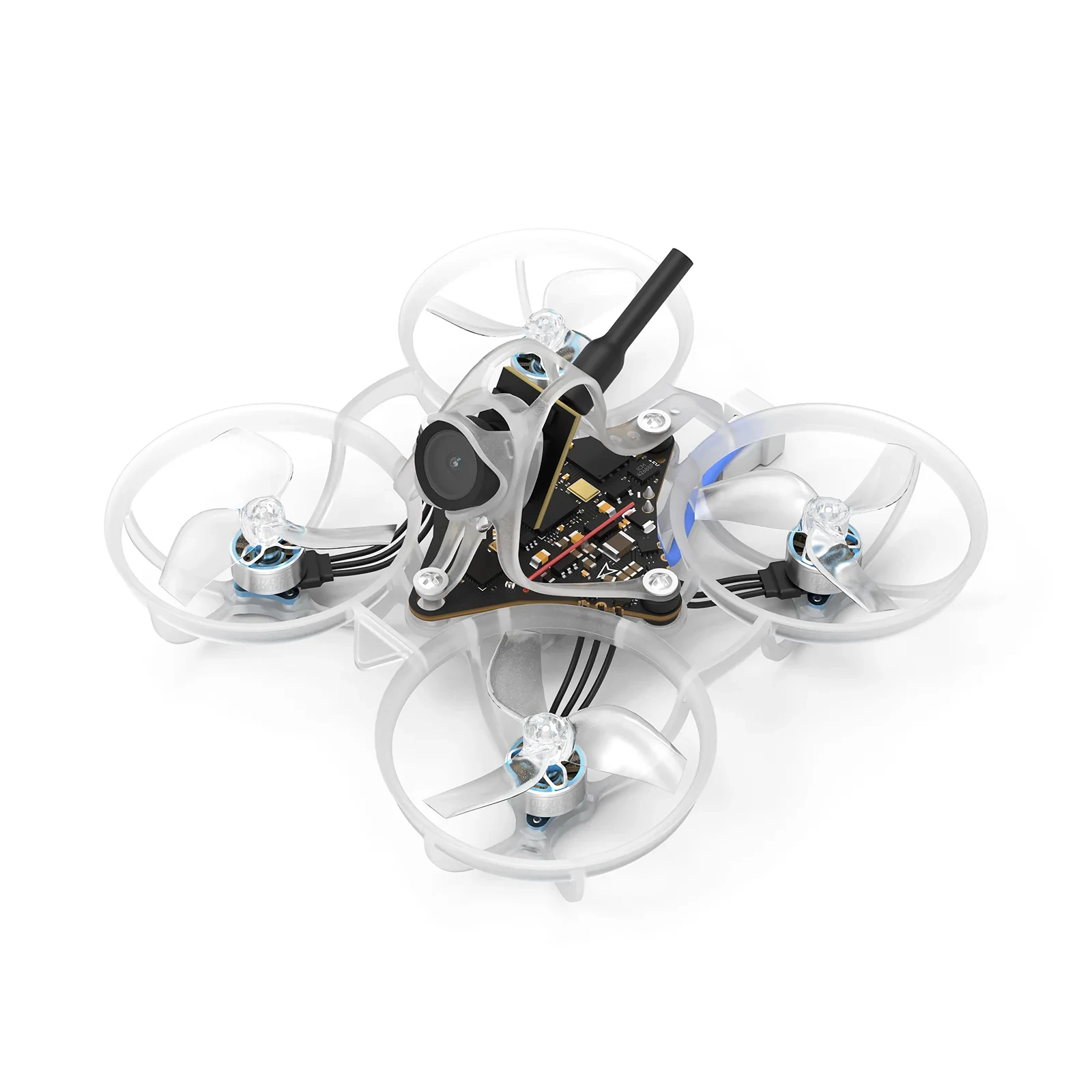 Gros plan sur le drone FPV Micro Air65 Wisp édition limitée luminescente, montrant les hélices et le cadre phosphorescent