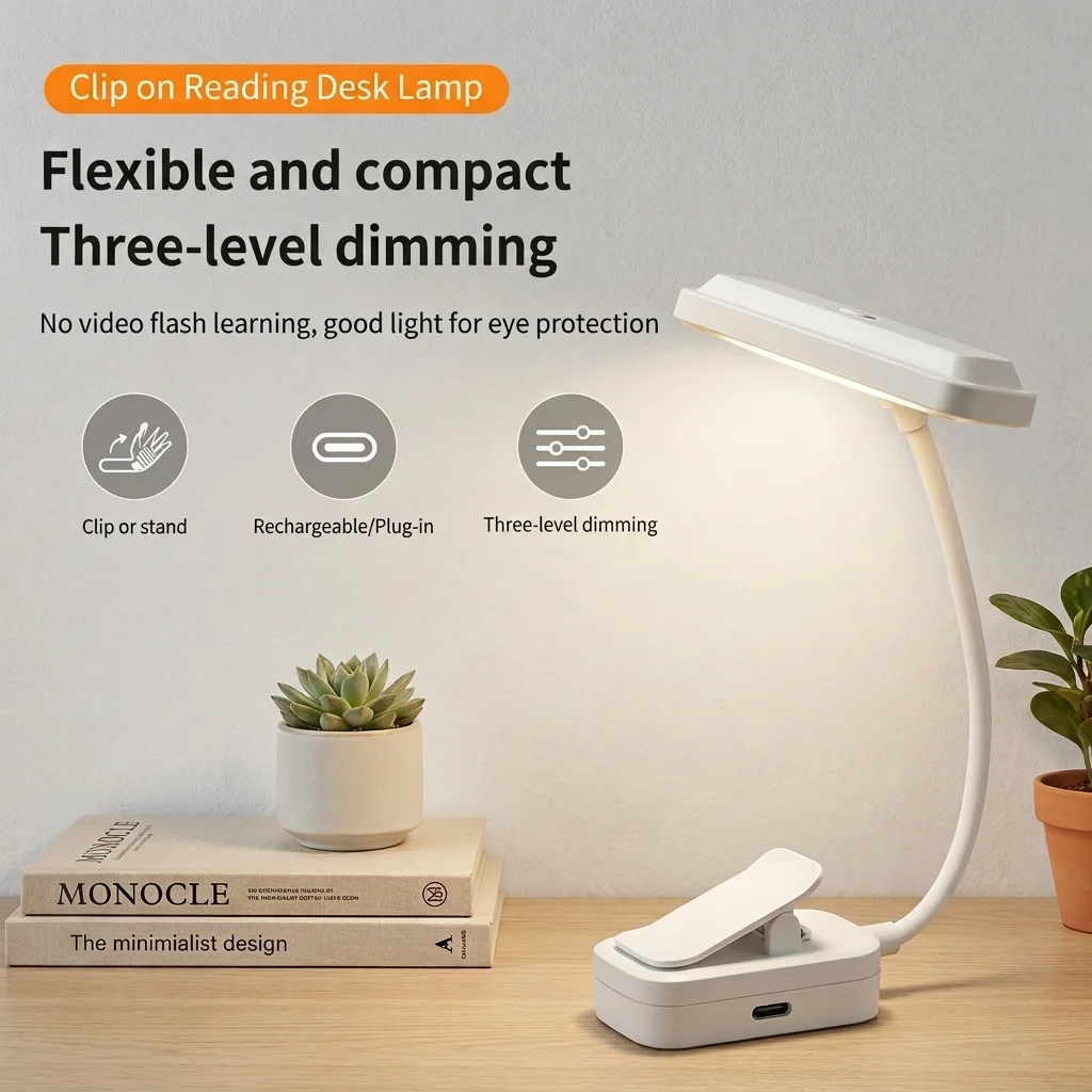 LED Clip On Book Light USB Charging Dimmable 3Color Mode LED Night Light Portable Reading Light for Bedroom Office Study Reading