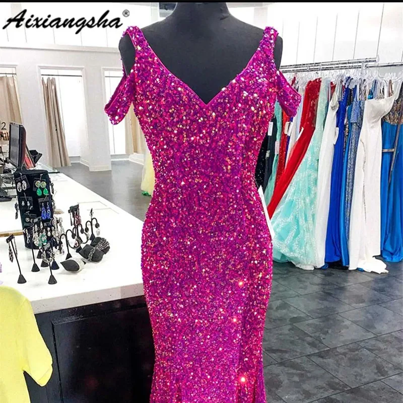 

Aixiangsha Mermaid Off-the-Shoulder Fuchsia Sequins Long Prom Dress For 2023 Women robes de soirée vestidos fiesta mujeres Made