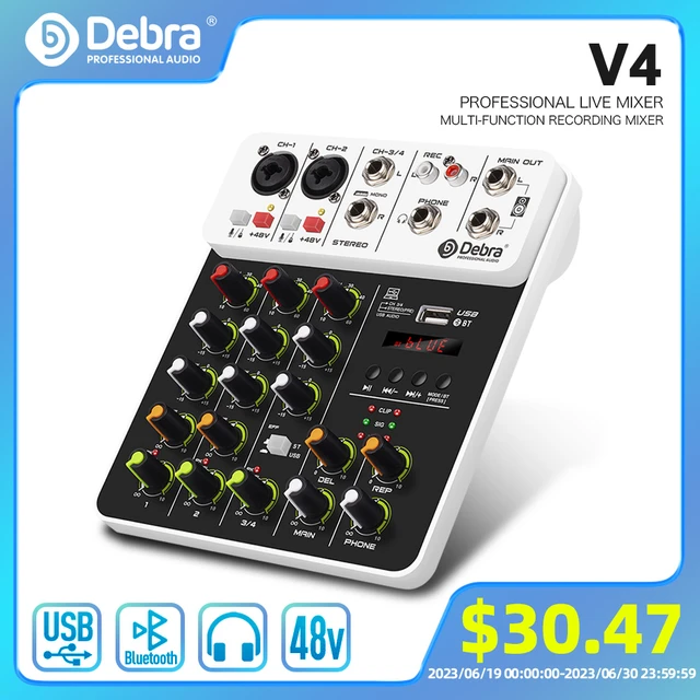 Debra V4 4 Channels Audio Mixer With USB 48V Phantom Power Delay Repaeat Effect For