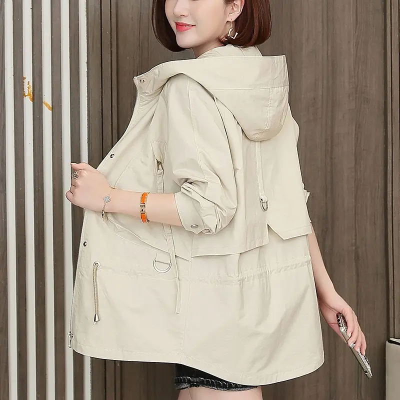 Spring Autumn Long Sleeve Hooded Windbreaker Women Korean Fashion Jacket Zipper Belt Solid Color Casual Loose Trench Coat