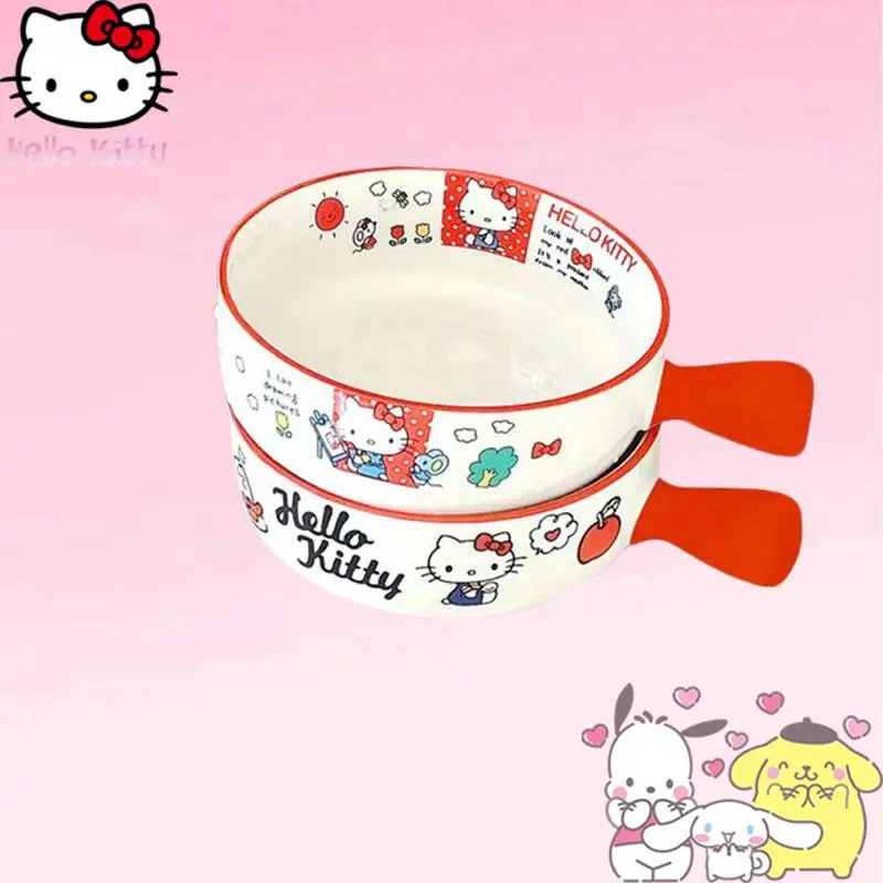 

Hello Kitty Handle Bowl Ceramics Sanrio Anime Japanese-Style with Cover Instant Noodle Bowl Household Kitchen Cute Gift