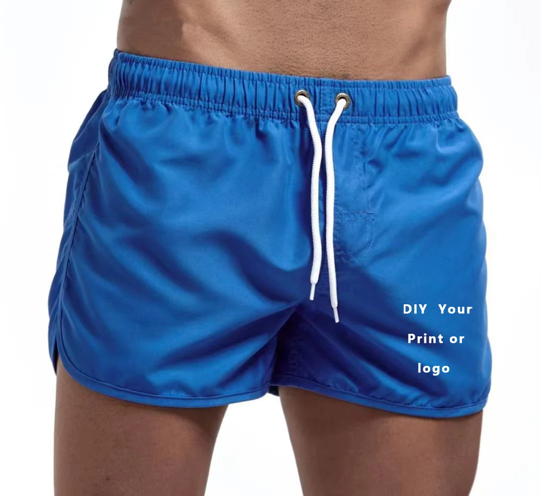 Custom Logo Men's Swim Trunks Beach Shorts Drawstring with Mesh Lining Elastic Waist Plain Breathable Soft Casual Shorts 6