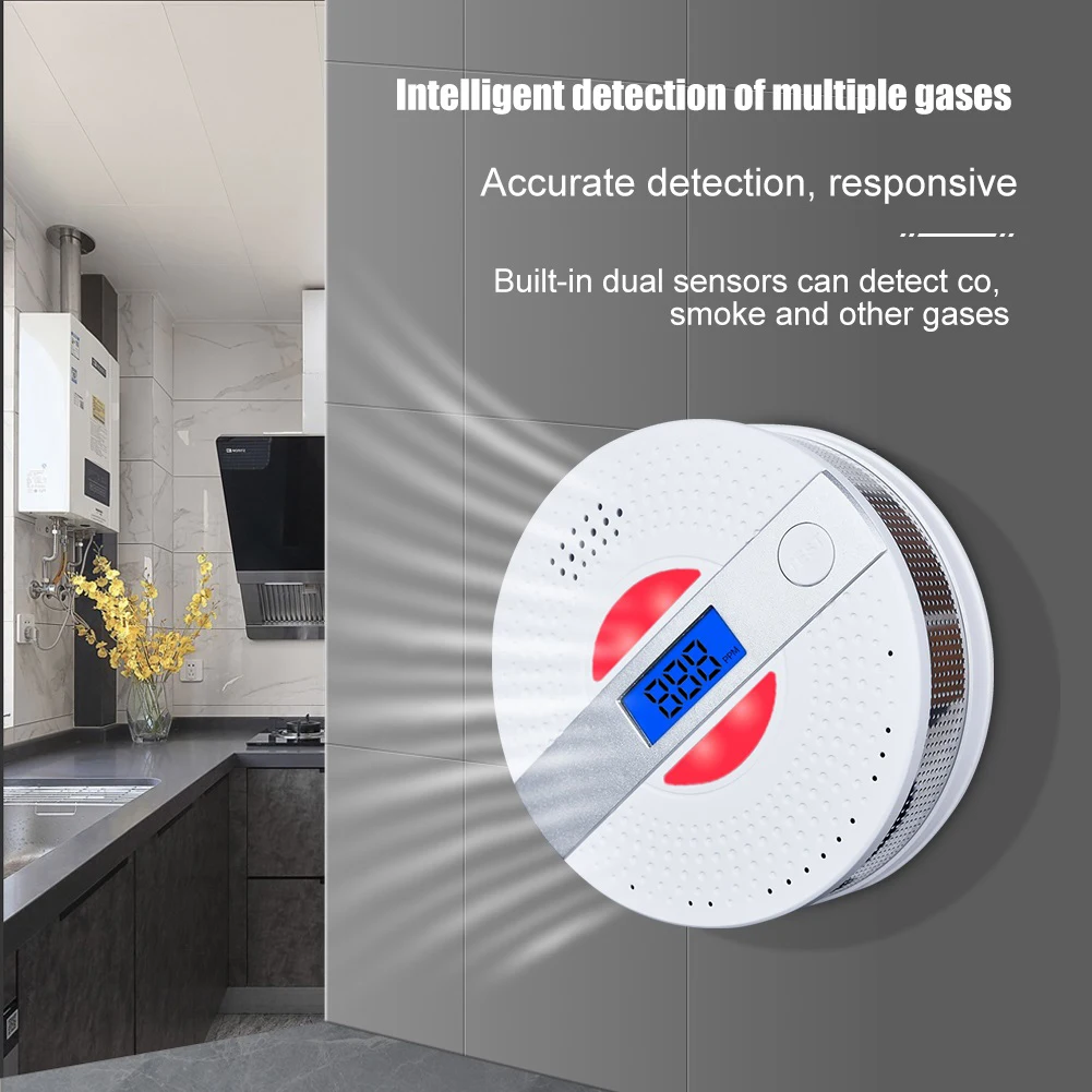Carbon Monoxide Alarm Carbon Monoxide Detector 2 in 1 Co Smoke complex Alarm Carbon Monoxide Detector Voice Warn Sensor Home Security Protection High Sensitive 85 db loud