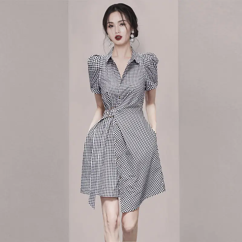 

Goddess style style waistband plaid irregular dress 2023 summer new design sense niche short sleeve shirt dress female tops