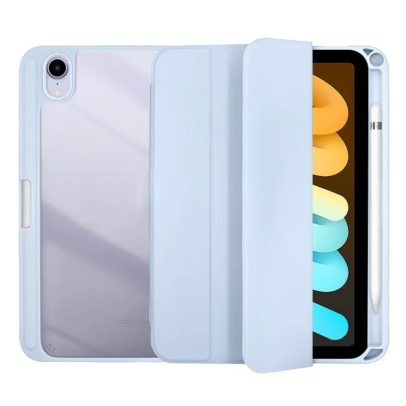 Sleek Flip Tablet Cover with Acrylic Back & Pencil Holder - Auto Wake/Sleep Feature