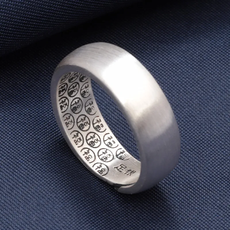 

999 Pure Silver Ancient Method Plain Face Ring Retro Real Silver Wide Luck Character Adjustable Rings Jewelry for Men and Women