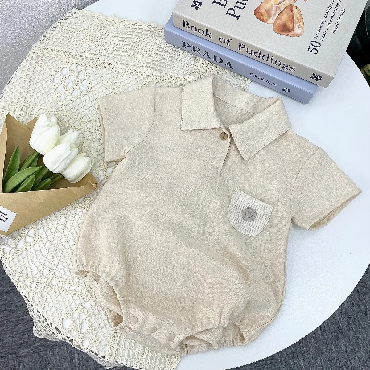 

2023 Summer Boys Kids Polo Gentleman Bodysuit Solid Turn-down Collar Cute Smiling Face Patch Pocket Jumpsuit Cotton Crawlwear