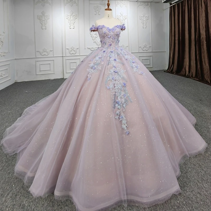 

Light Lavender Glitter Crystal Beading Ball Gown Quincenara Dress Off The Shoulder Applique Lace Ruffles Corset Vestidos 15 De