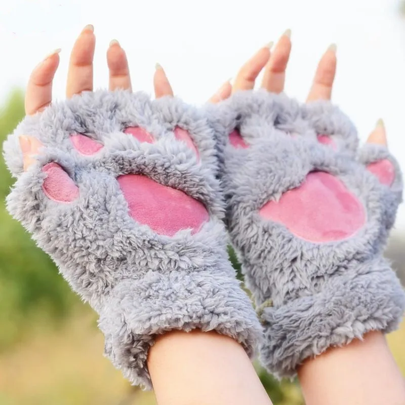 Kawaii Cat Claw Kids Boy Girl Gloves Sweet Five Fingers Half-finger Mittens for Children Autumn Winter Warm Thickened Gloves