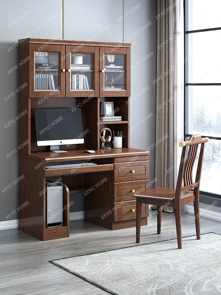 Solid Wood Desk Bookcase Integrated Study Walnut Furniture Home Desktop Computer Desk Bookshelf Desk 4 tier bookcase 45x22x110 cm solid oak wood