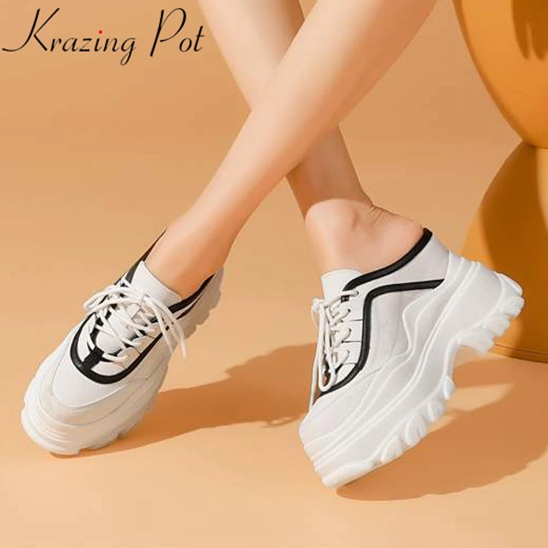 

krazing pot genuine leather mules round toe slip on summer flat platform cross-tied mixed color thick bottom vulcanized shoes