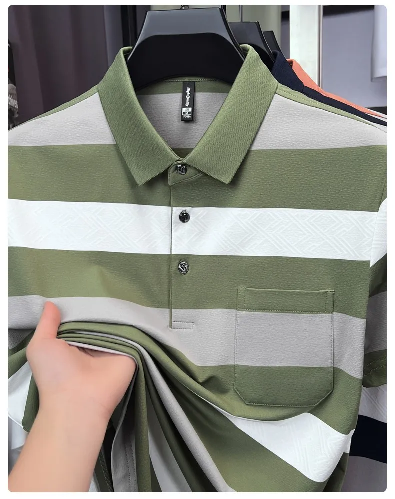 Hochwertiges Herren-Poloshirt mit kurzen Ärmeln, modisch gestreift, farblich abgesetzt, luxuriös, Sommer-Neuheit, lässig, atmungsaktiv, T-Shirt – Detail 8