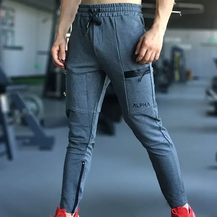 Spring Autumn Cotton Fitness Long Pants Men's Elastic Small Foot Zipped Pocket Sports Pants Deep Squat Training Sweatpants