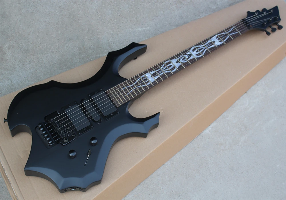 Flyoung Matte Black Electric Guitar with White Flame Inlays,Tremolo