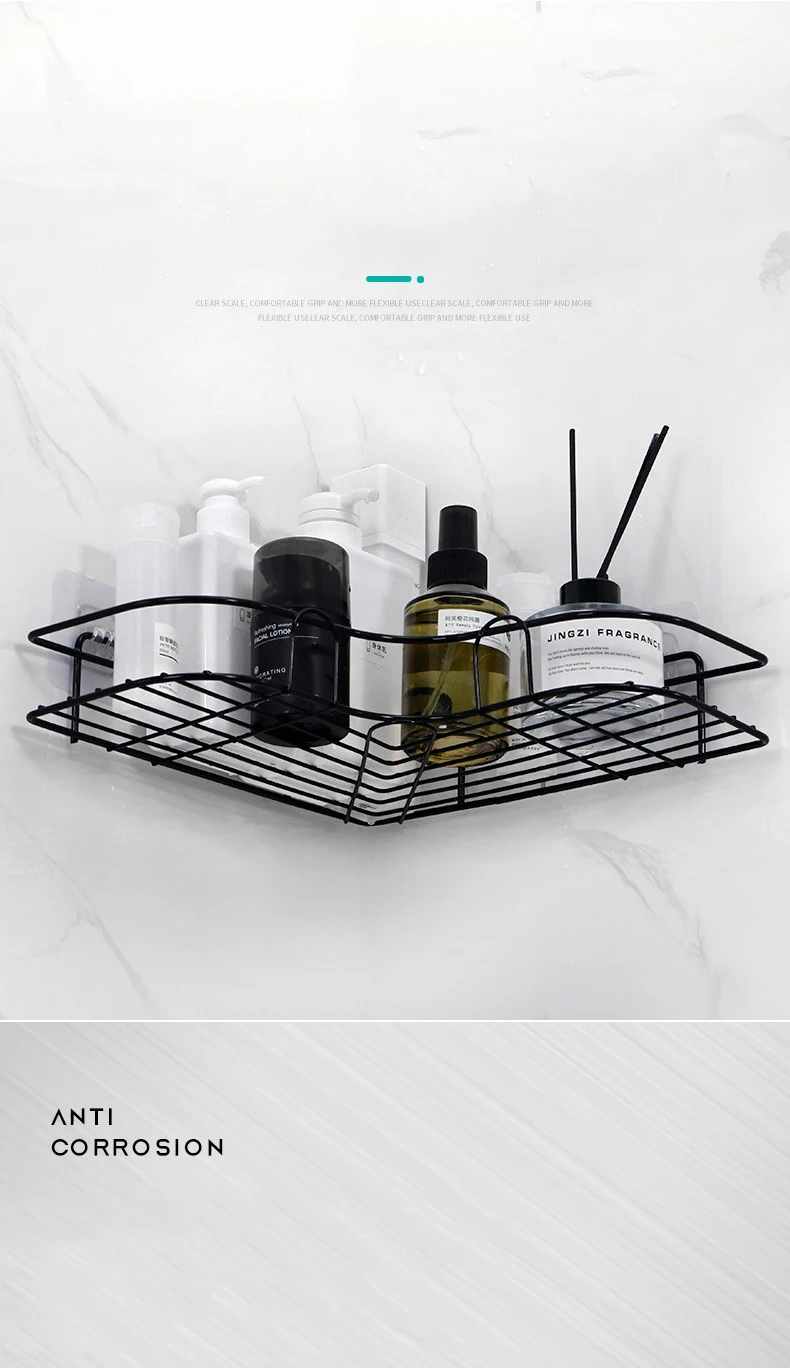 Close-up of black metal corner shelf showing wire grid detail