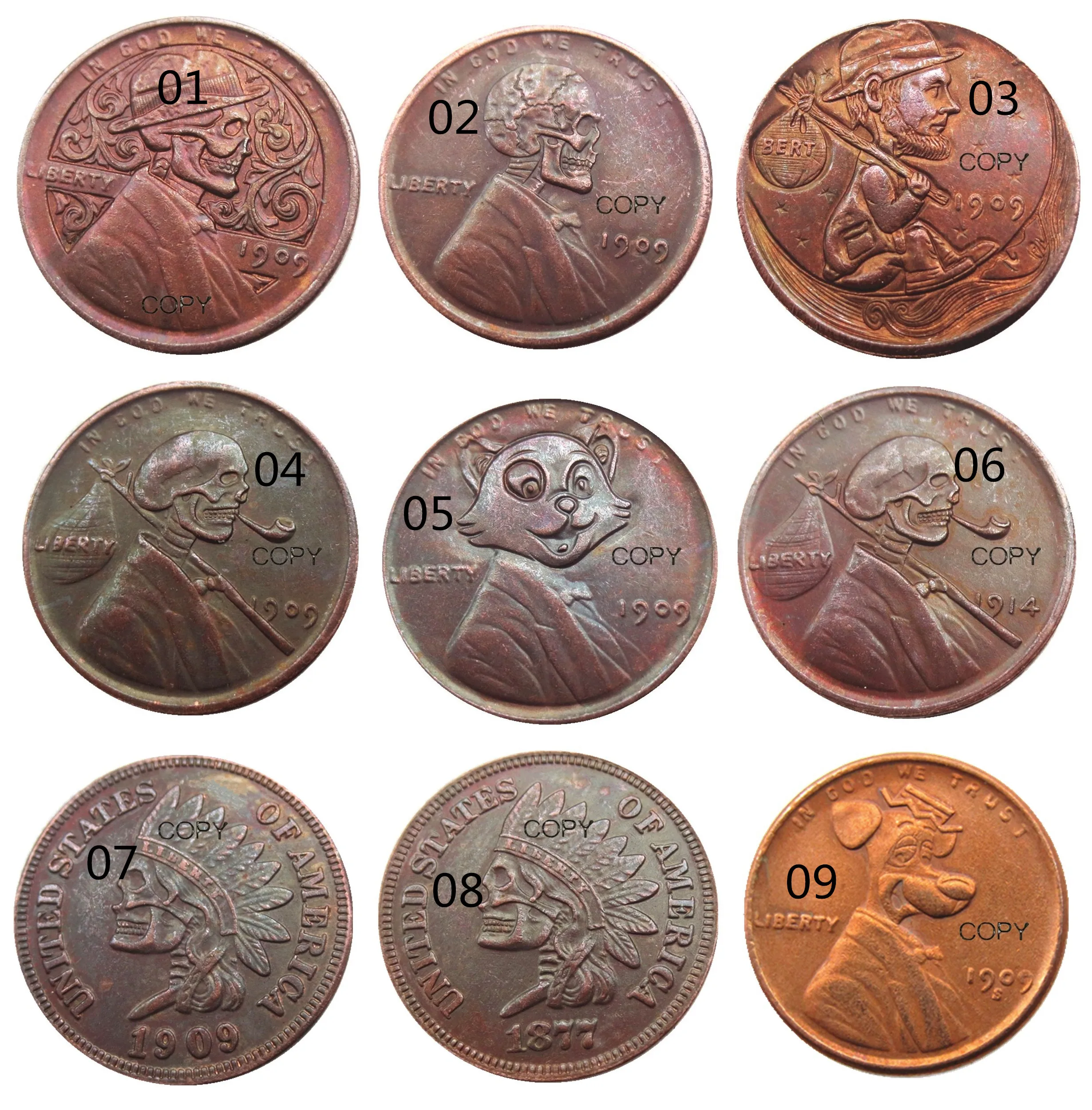 Us(01-10) Hobo Creativo Indiano/Iincolln Centesimo Teschio Zombie Scheletro Intagliato A Mano Monete Copia