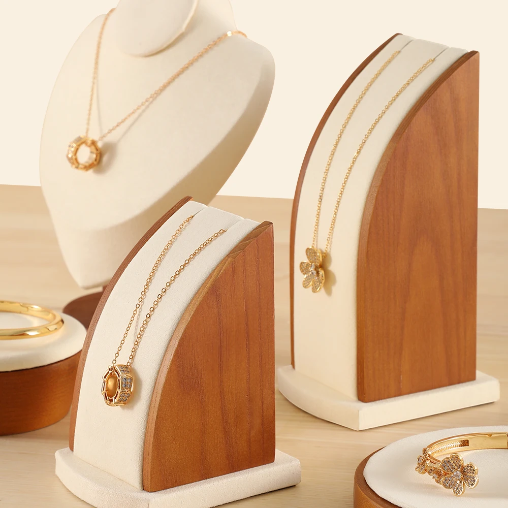 YinBeiNi 2Pcs/ Set Solid Wood Jewelry Display Stand Necklace Pendant Display Rack Counter with Microfiber Jewelry Display Props