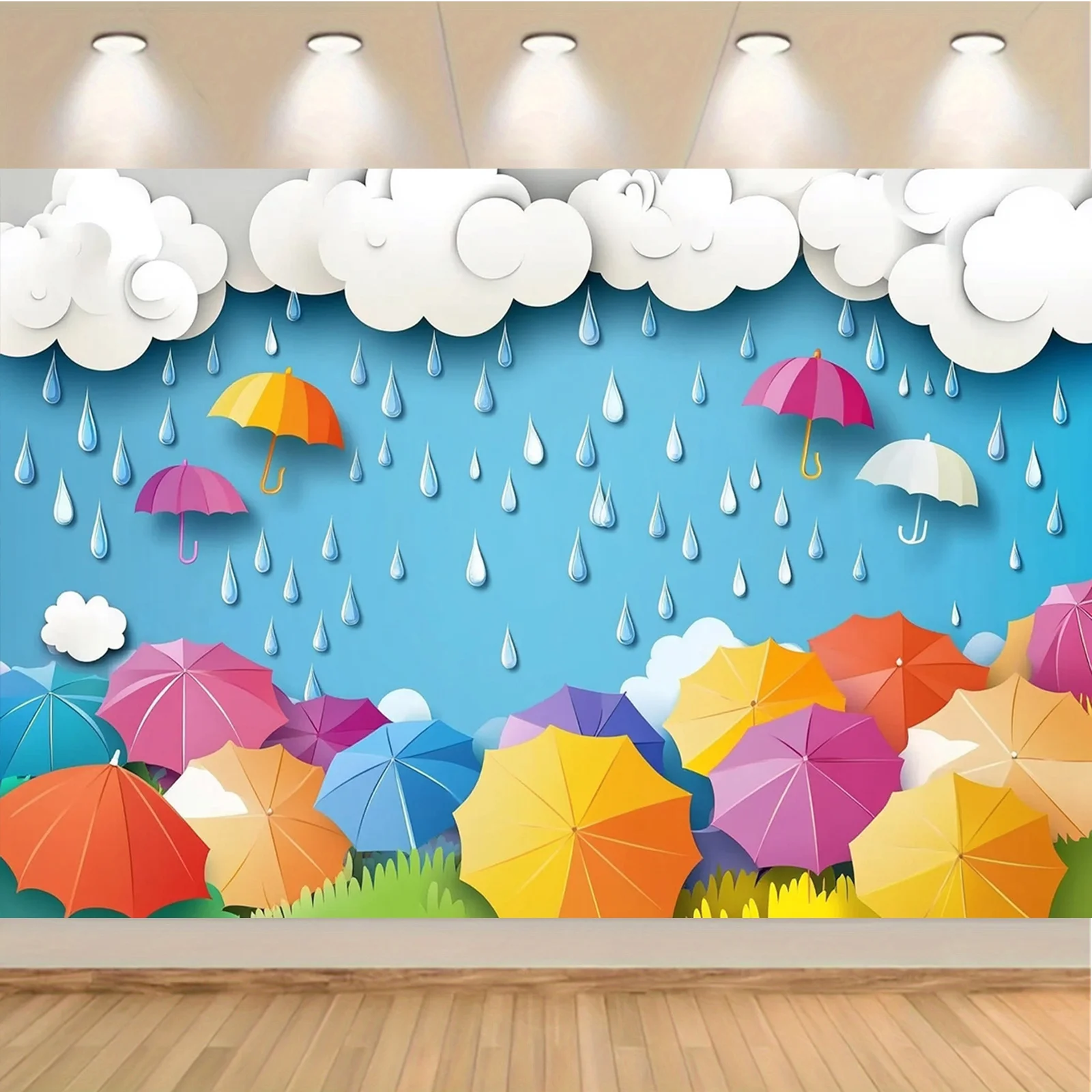 Bunter Regenschirm- und Regentropfen-Fotografie-Hintergrund – perfekt für Kindergeburtstage und regnerische ThemenpartysL – Detail 4